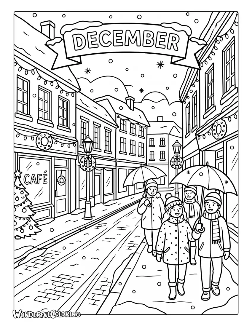 December snowy city coloring page with a decorated street, Christmas lights, people wearing scarves, and winter umbrellas