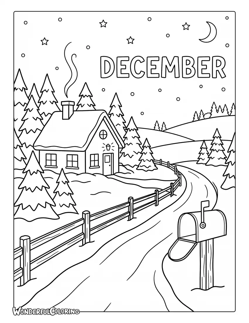 December countryside coloring page with a snowy road, evergreen trees, a red mailbox, and a cozy farmhouse