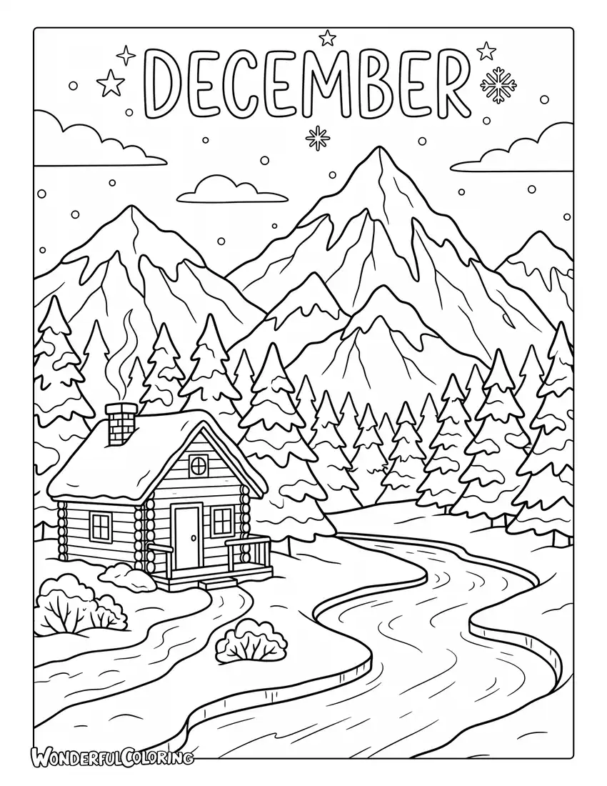December winter mountain coloring page with snow-covered peaks, evergreen trees, a frozen river, and a small cabin