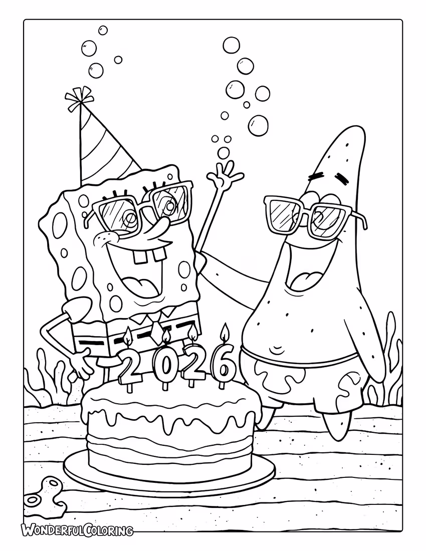 2026 Coloring Page of Spongebob and Patrick celebrating with a cake