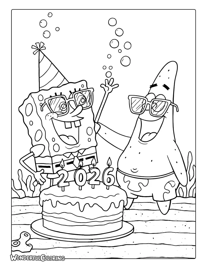 2026 Coloring Page of Spongebob and Patrick celebrating with a cake