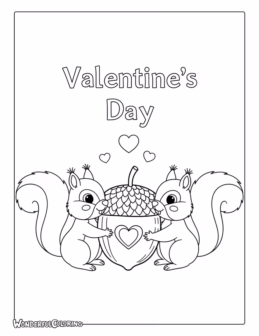 Squirrel couple sharing acorn Valentine coloring page