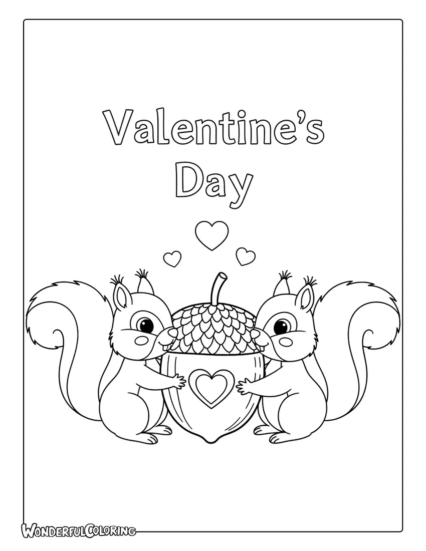Squirrel couple sharing acorn Valentine coloring page