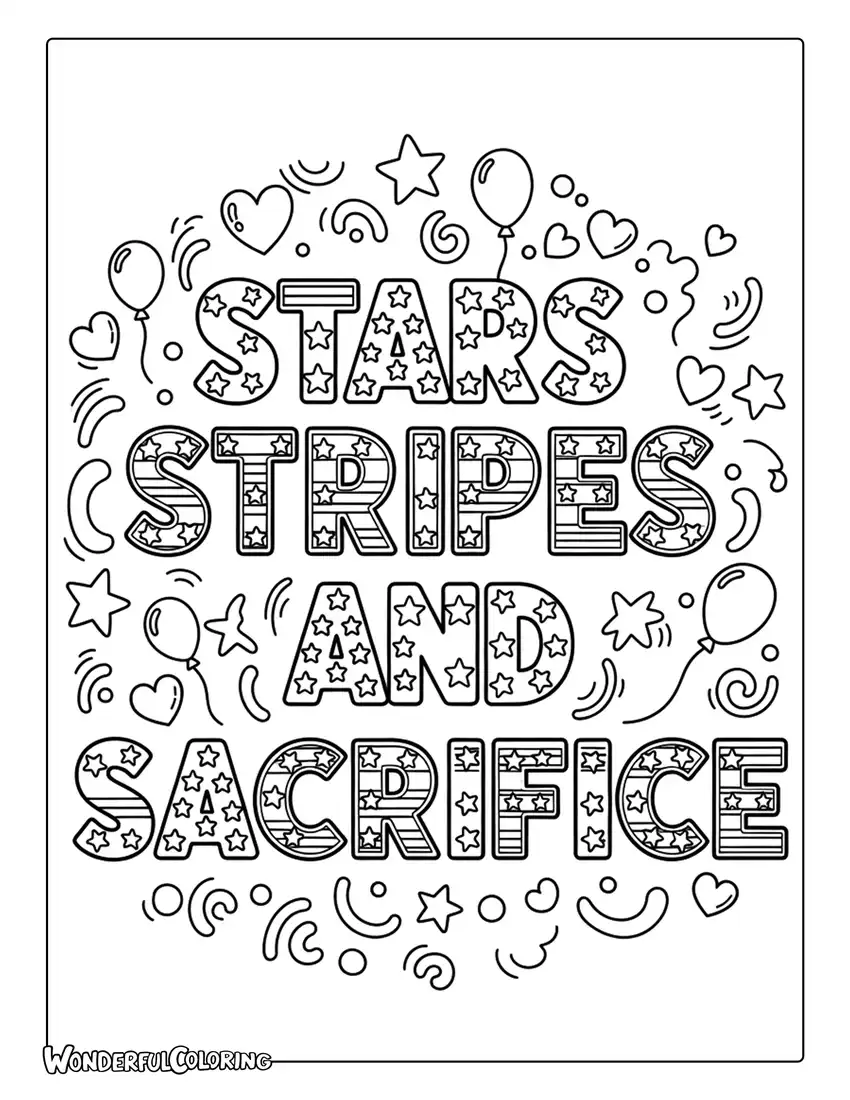 Stars Stripes and Sacrifice Pattern Lettering Coloring Page