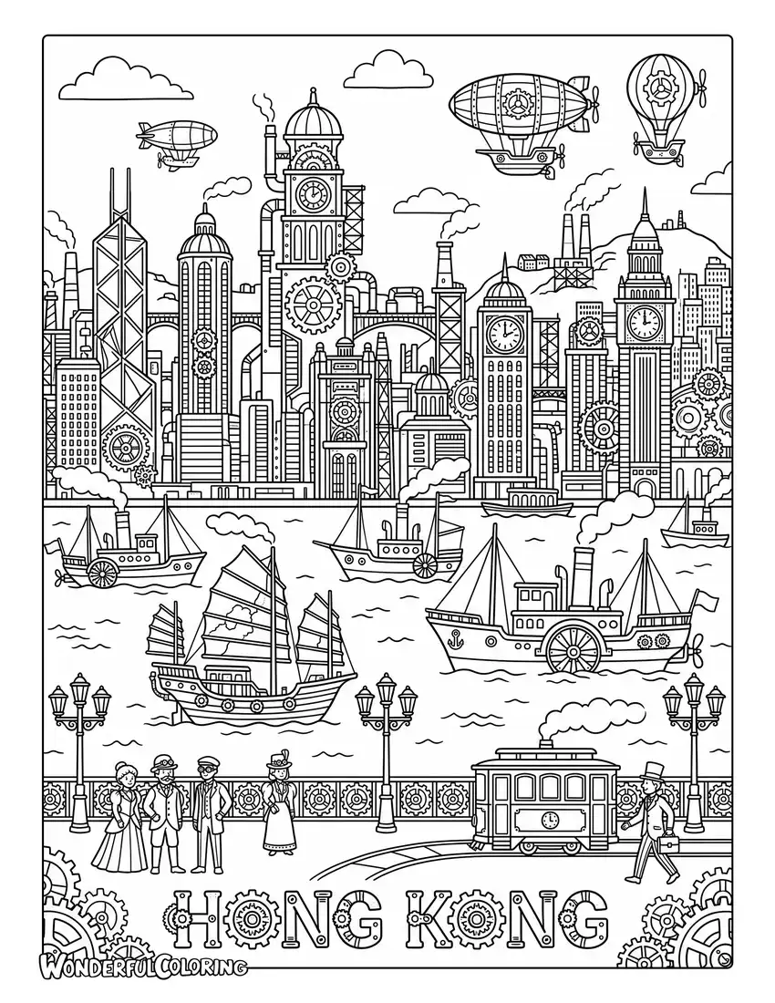 Steampunk Hong Kong with mechanical skyscrapers coloring page