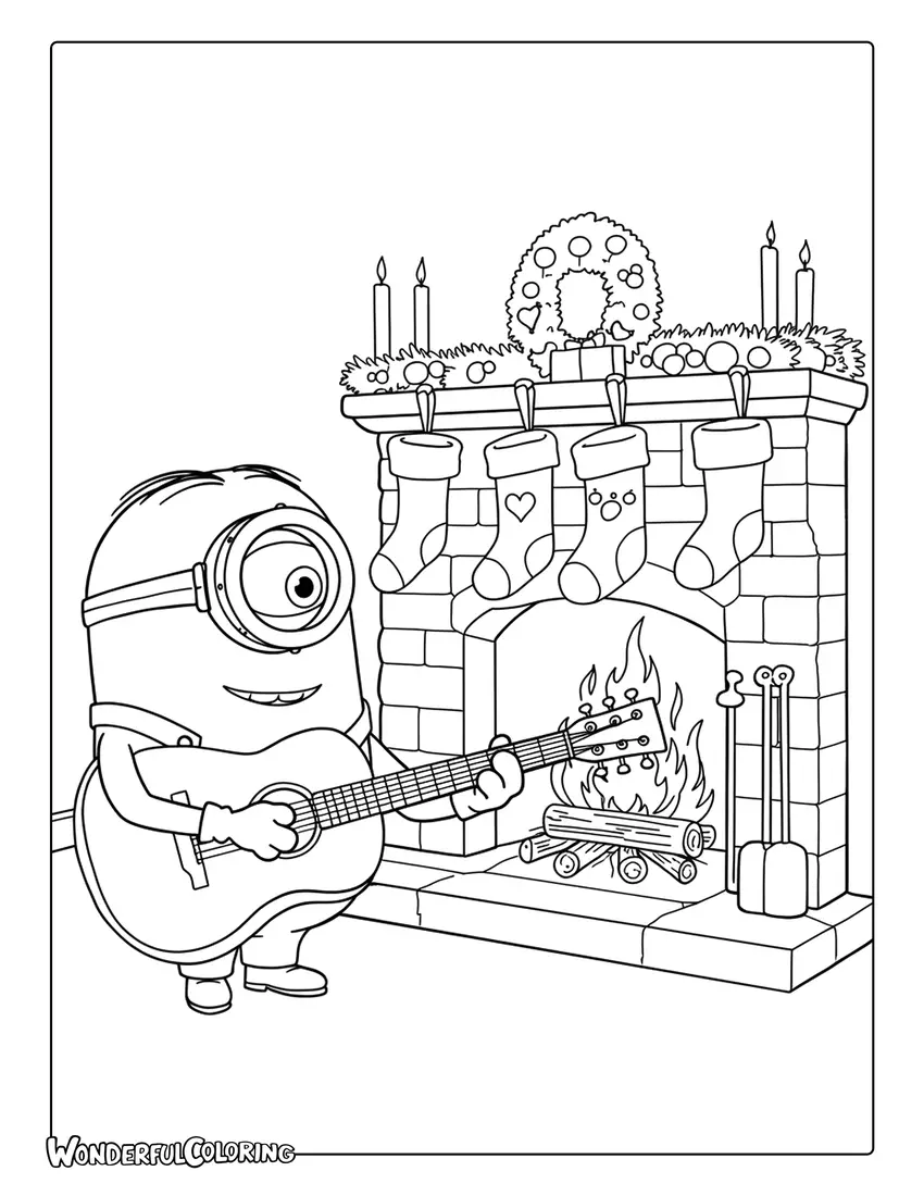 Coloring page of Stuart Minion playing guitar by Fireplace.