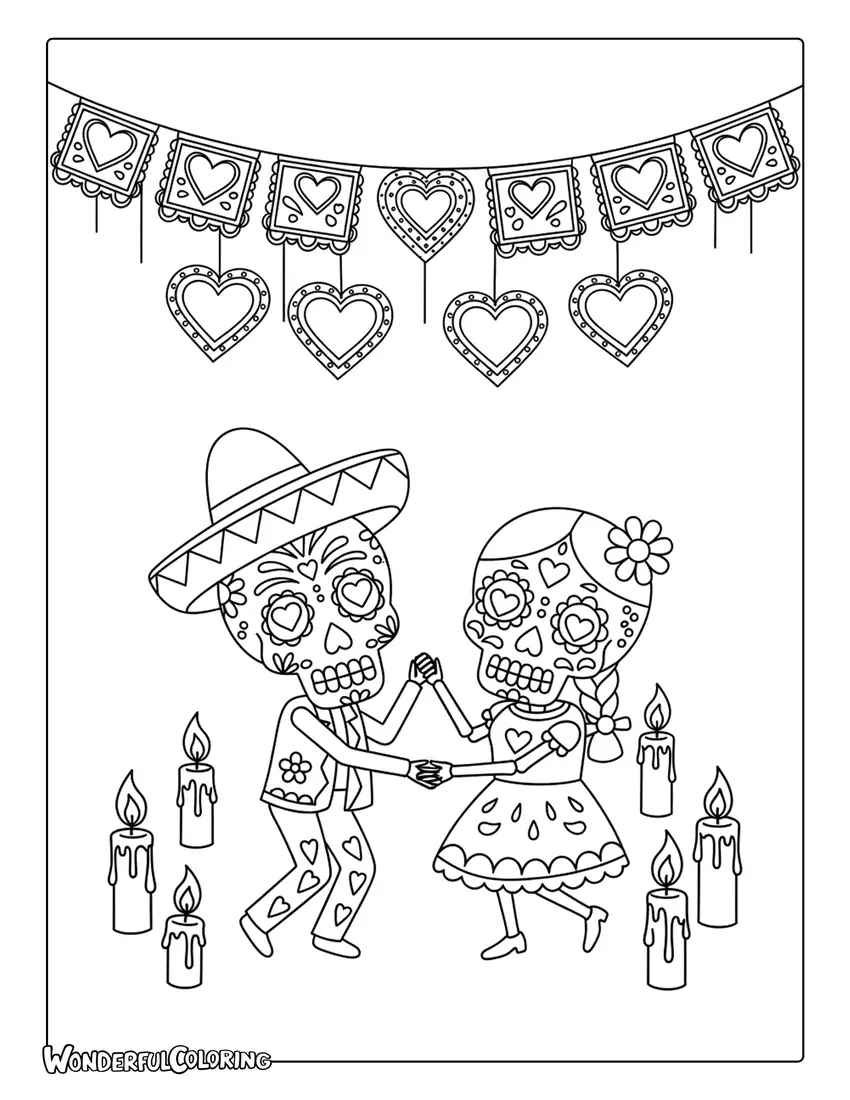 Sugar skull couple dancing with candles and hearts coloring page