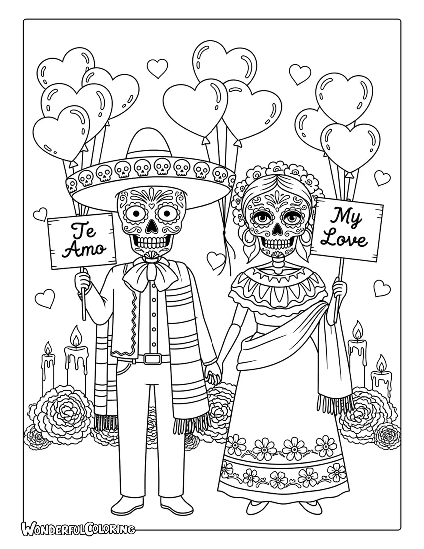 Sugar skull couple holding Valentine hearts coloring page