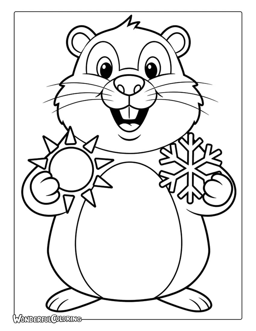 Groundhog sun and snowflake coloring page