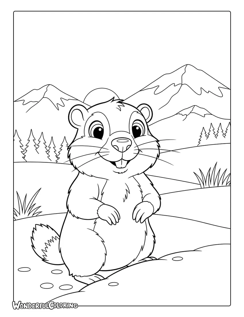Groundhog snowy meadow coloring page