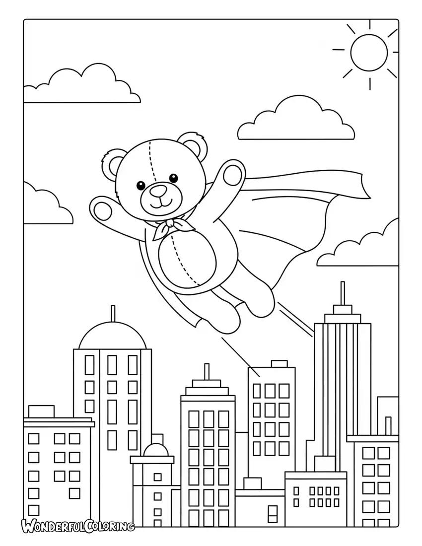 Superhero teddy bear with cape flying over city coloring page