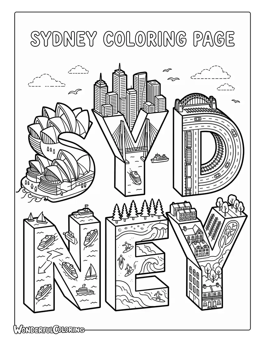 Sydney 3D city coloring page with Opera House, Harbour Bridge, Bondi Beach, ferries, and miniature skyscrapers