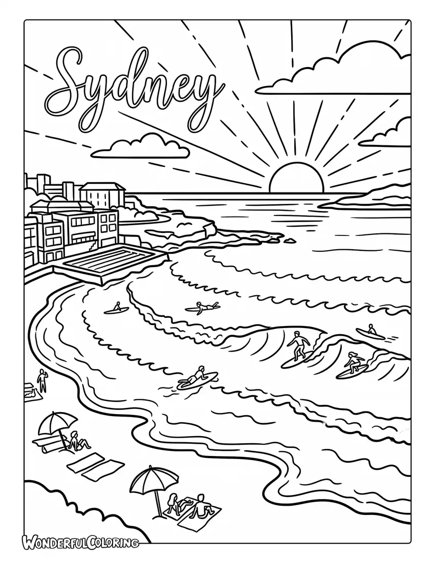 Sydney Bondi Beach coloring page with surfers, ocean waves, golden sunset, and expressive clouds