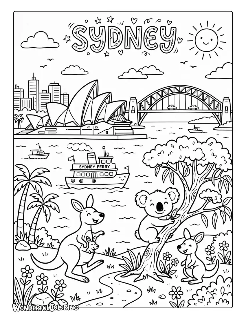 Sydney children's storybook coloring page with smiling koalas, kangaroos, ferries, and Opera House