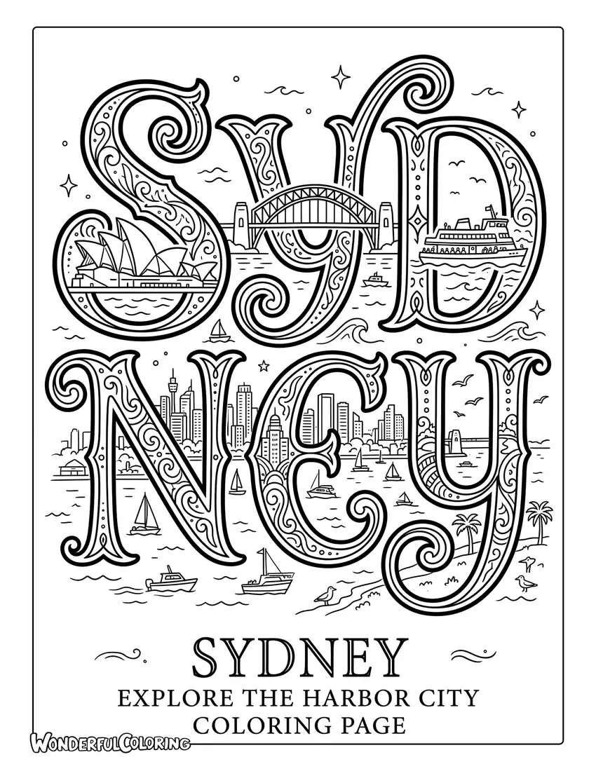 Sydney landmark typography coloring page with Opera House, Harbour Bridge, ferries, and harbor scenery inside large letters
