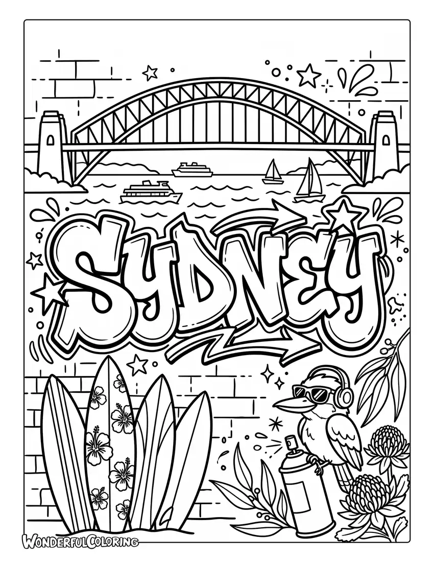 Sydney graffiti coloring page with Harbour Bridge, surfboards, street art patterns, and bold urban designs