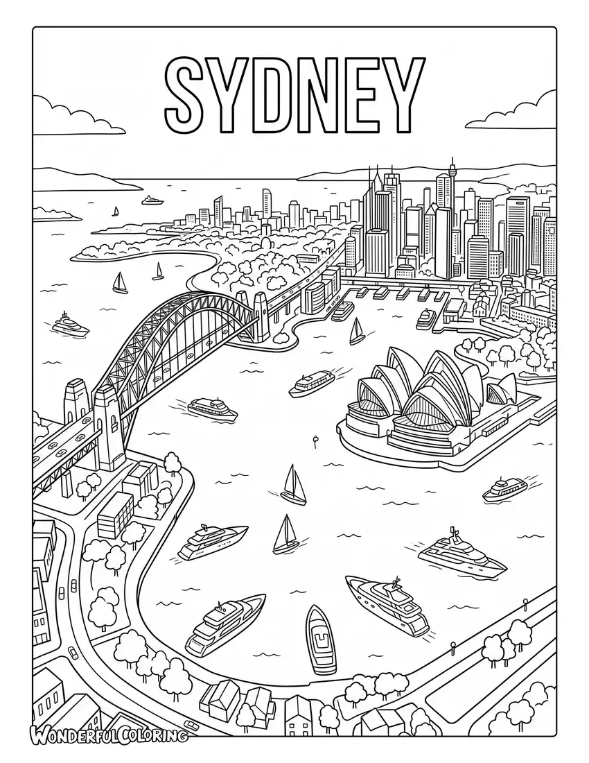 Sydney Harbour aerial view coloring page with blue water, luxury yachts, Opera House, and city skyline