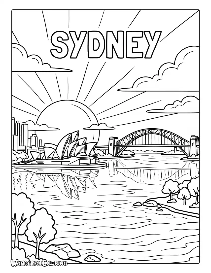 Sydney Harbour sunset coloring page with dramatic orange sky, Opera House, city skyline, and water reflections