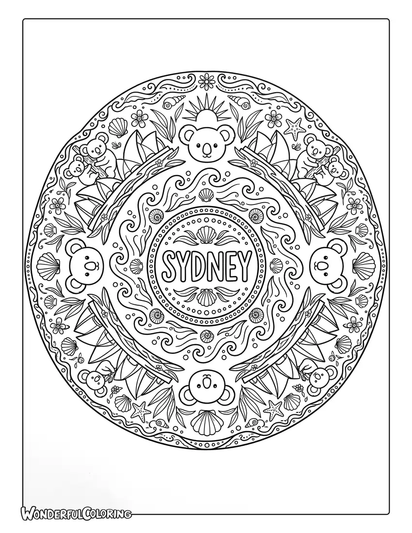 Sydney landmark mandala coloring page with Opera House, ocean waves, seashells, and eucalyptus leaves