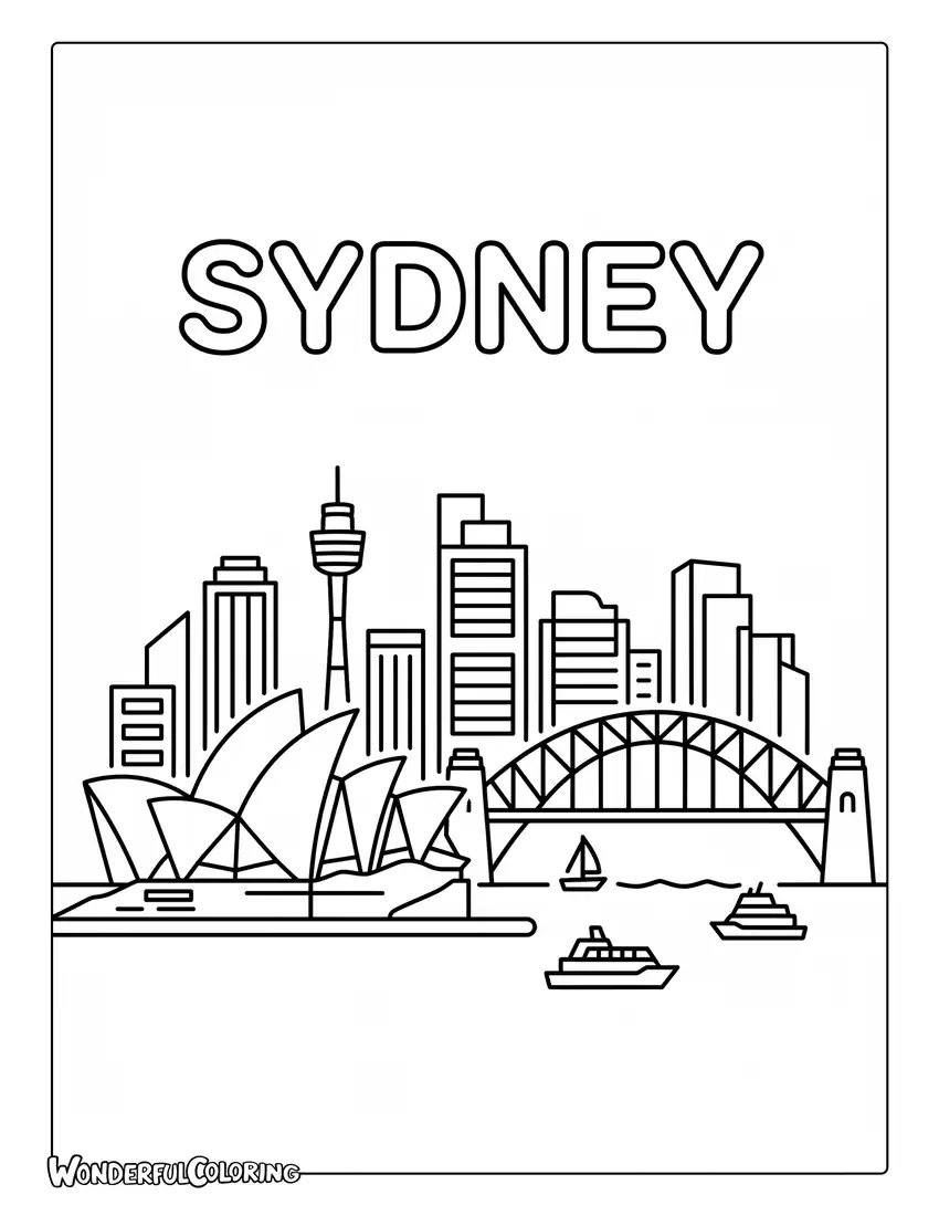 Sydney minimalist skyline coloring page with geometric buildings, the Opera House, and modern architectural shapes