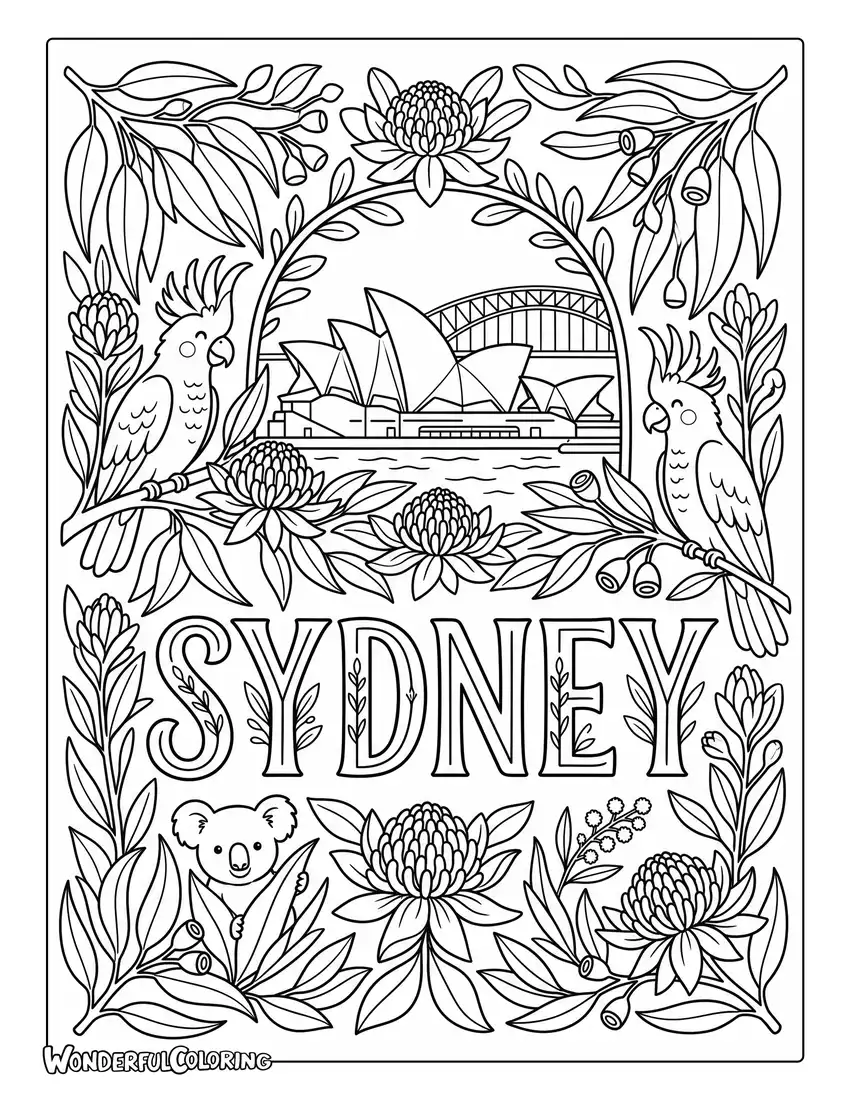 Sydney native botanical coloring page with eucalyptus leaves, waratah flowers, cockatoos, and Opera House