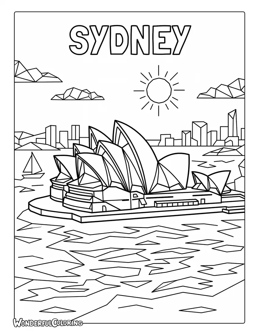 Sydney Opera House geometric coloring page with polygon shapes, crystal-like textures, and angular architecture