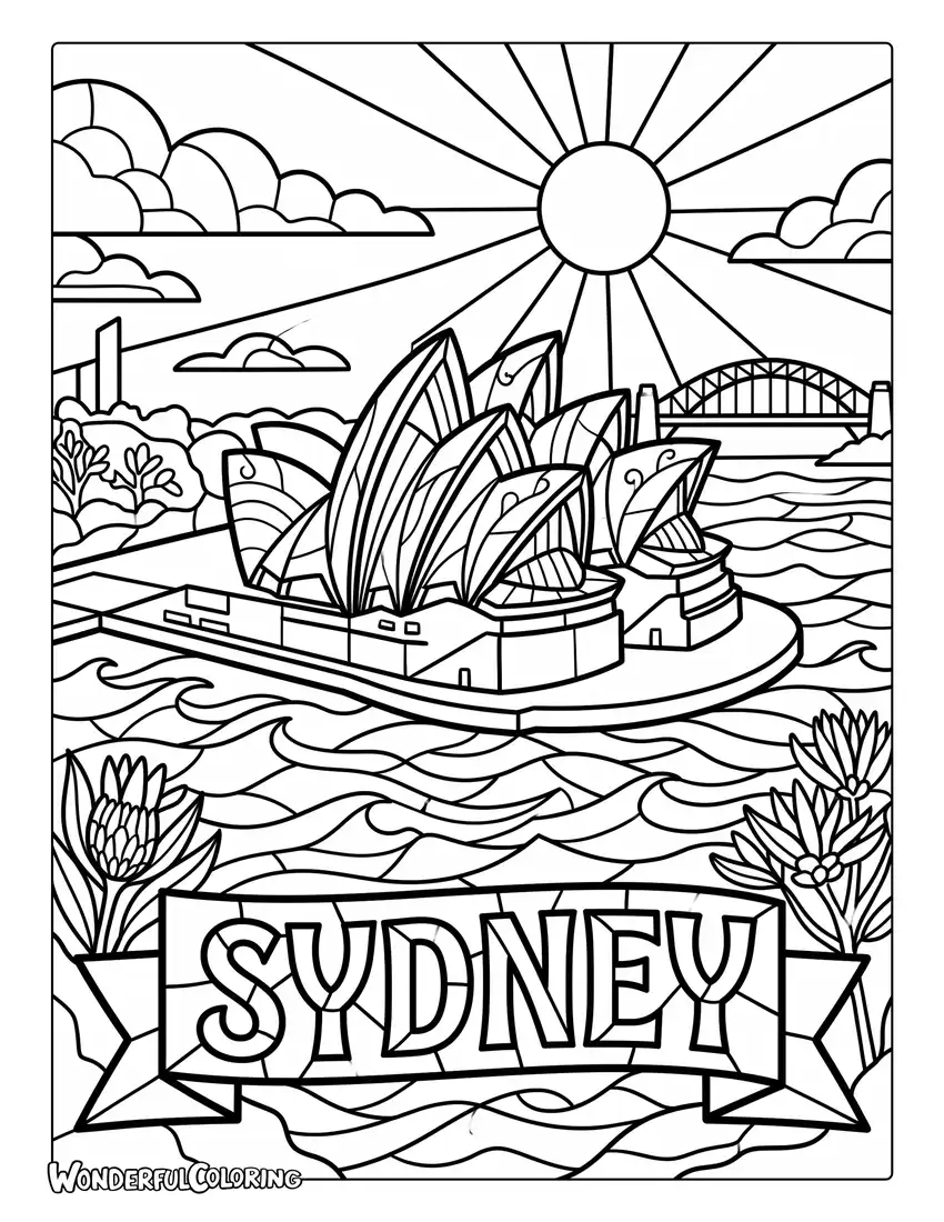 Sydney Opera House stained glass coloring page with mosaic patterns, sunlight, and decorative jewel shapes
