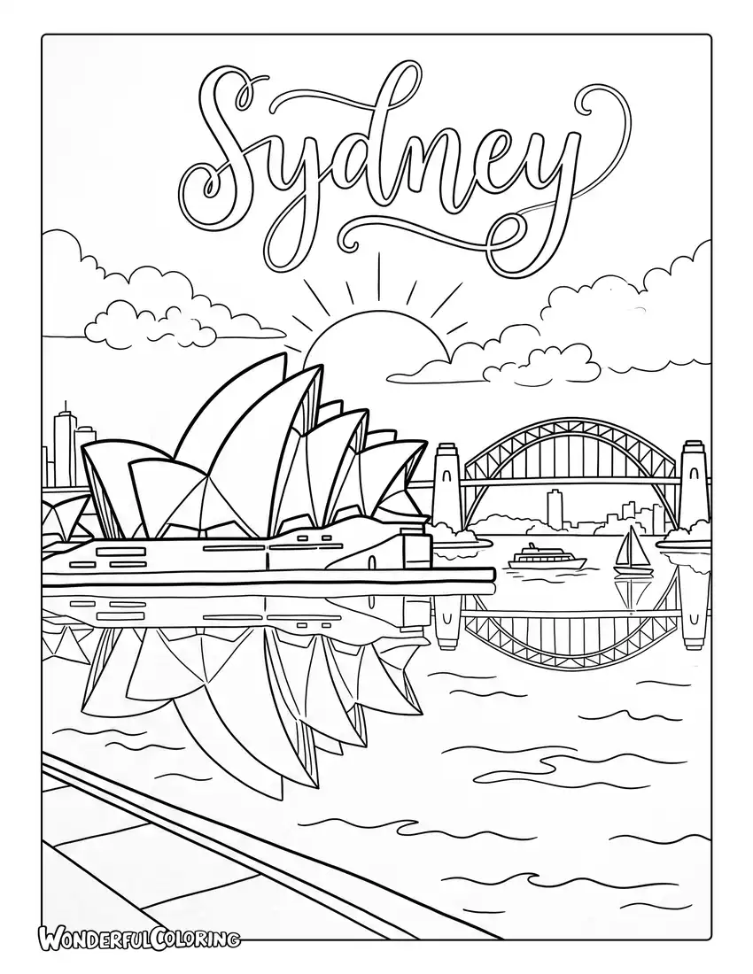 Sydney Opera House sunrise coloring page with harbor reflections, iconic sail-shaped architecture, and flowing clouds