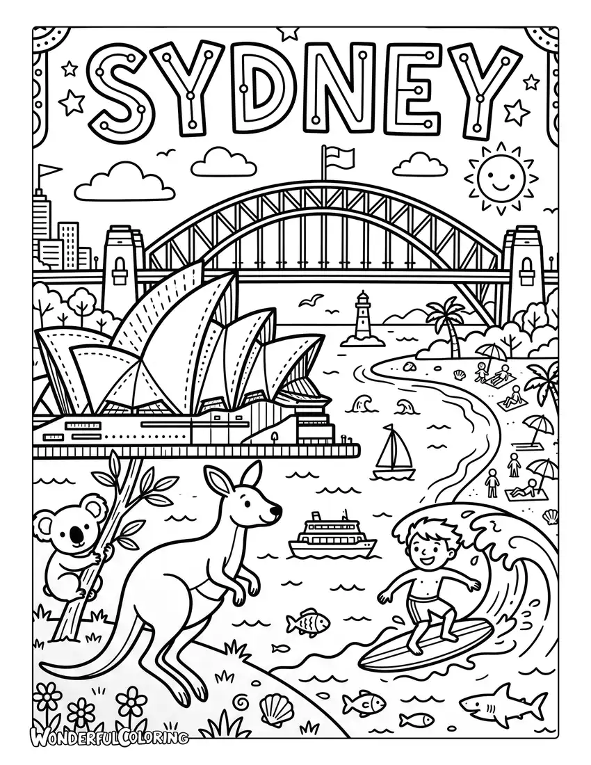 Sydney pop art city coloring page with the Opera House, Harbour Bridge, kangaroos, beaches, and surfing