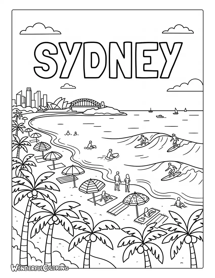 Sydney tropical beach coloring page with palm trees, surfers, turquoise ocean, and colorful umbrellas
