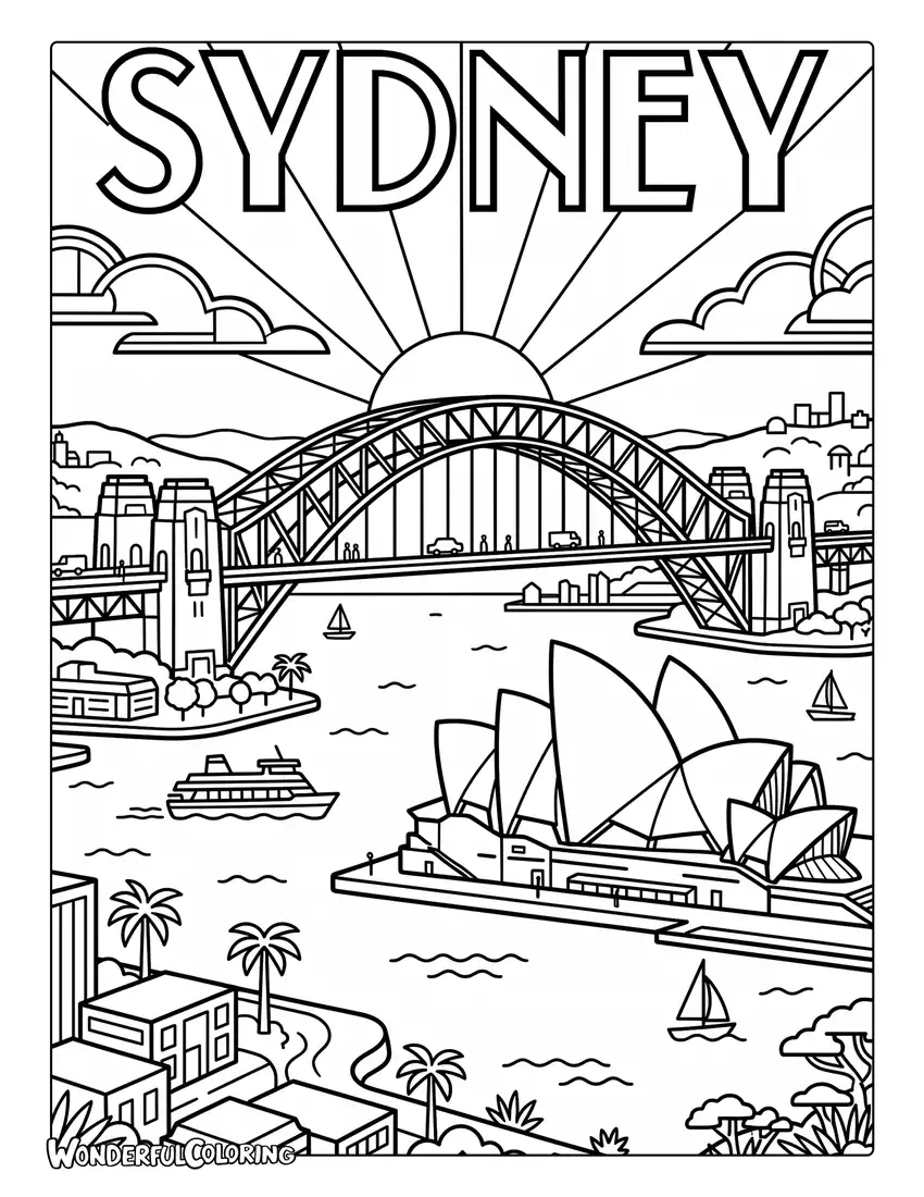 Sydney vintage travel poster coloring page with the Harbour Bridge, Opera House, and Art Deco decorations