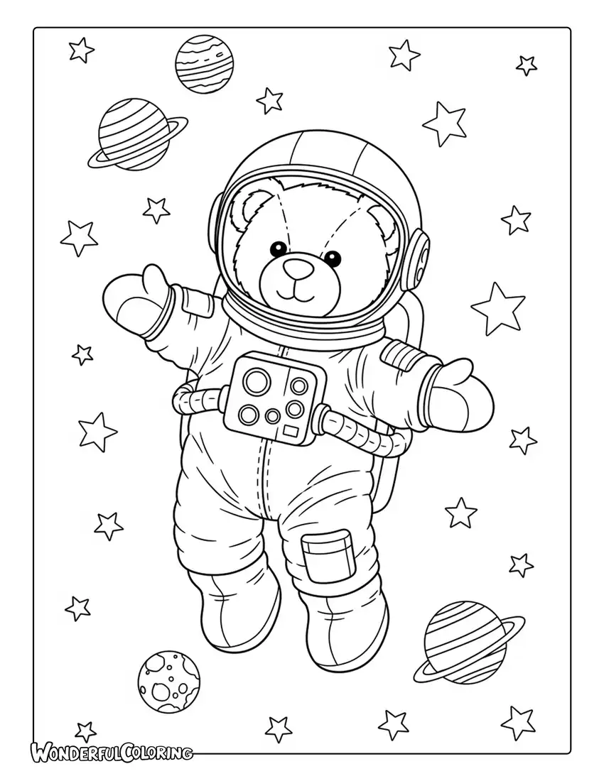 Teddy bear astronaut in space with planets coloring page
