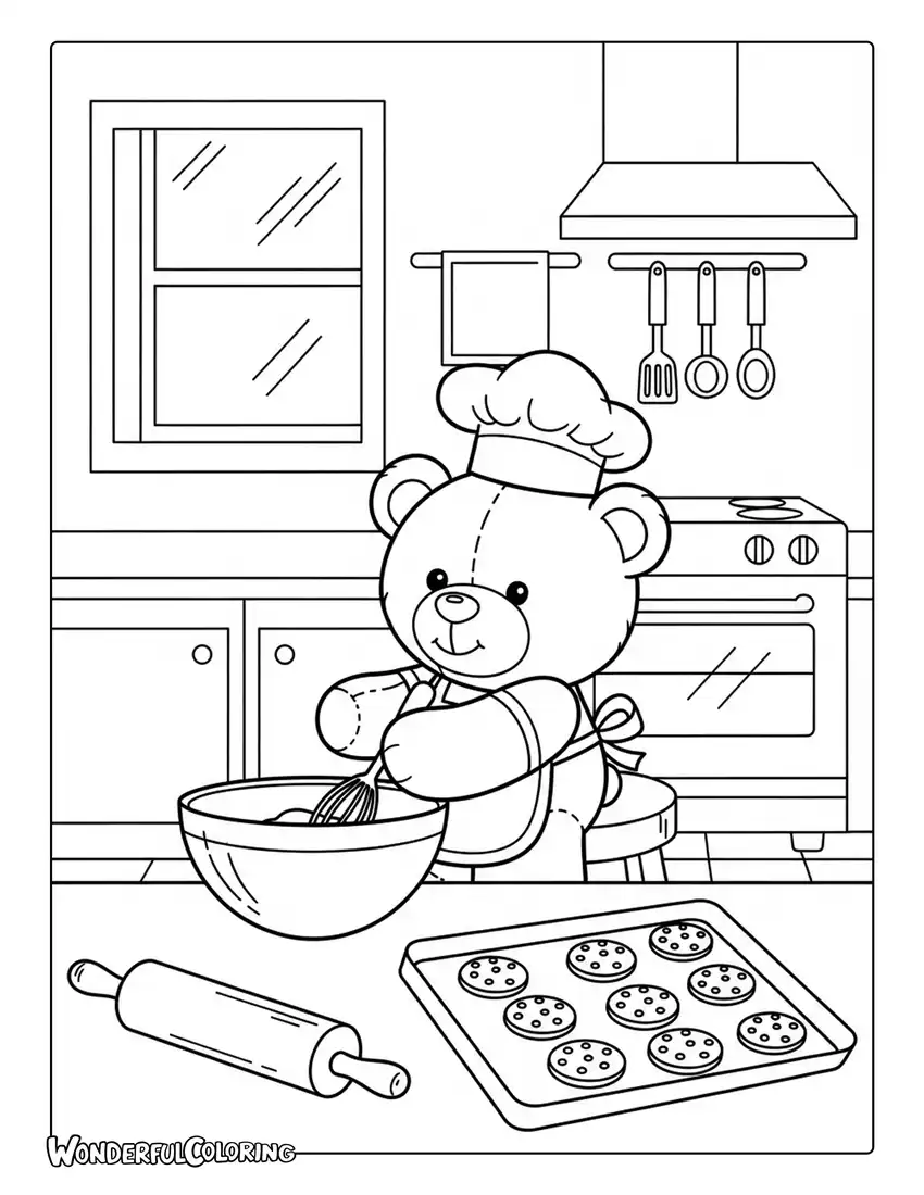 Teddy bear baking cookies kitchen scene coloring page