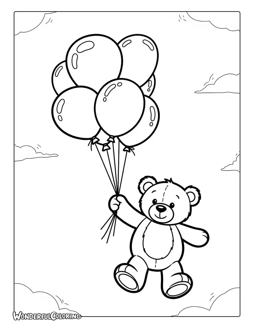 Teddy bear with balloons floating playful coloring page