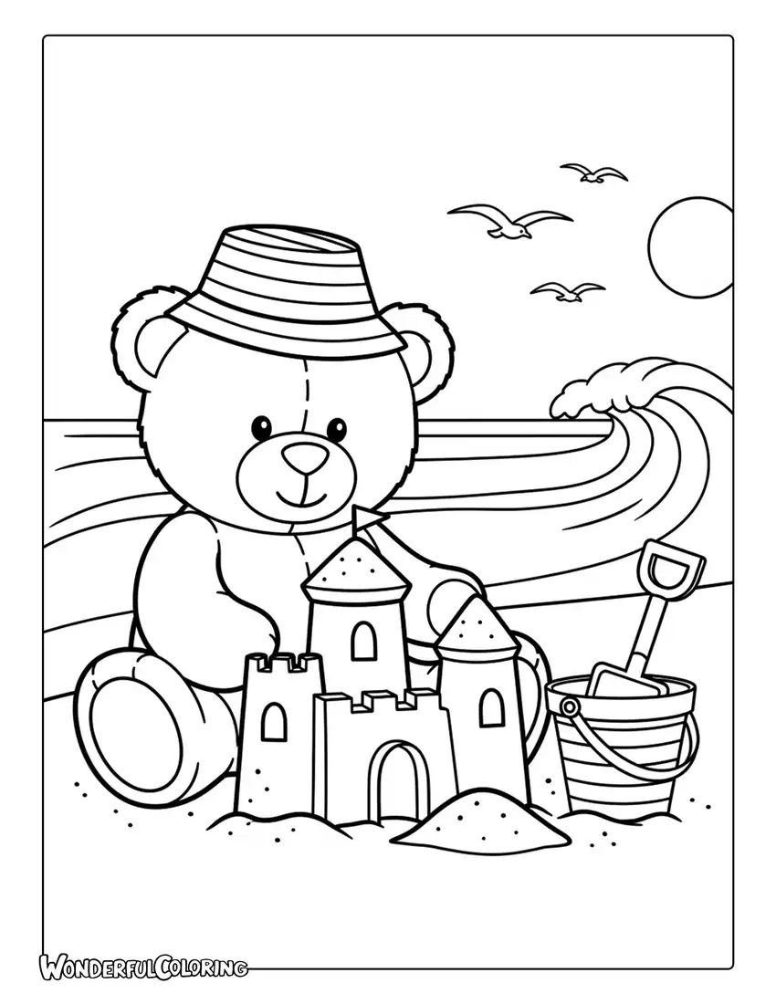 Teddy bear at beach building sandcastle coloring page