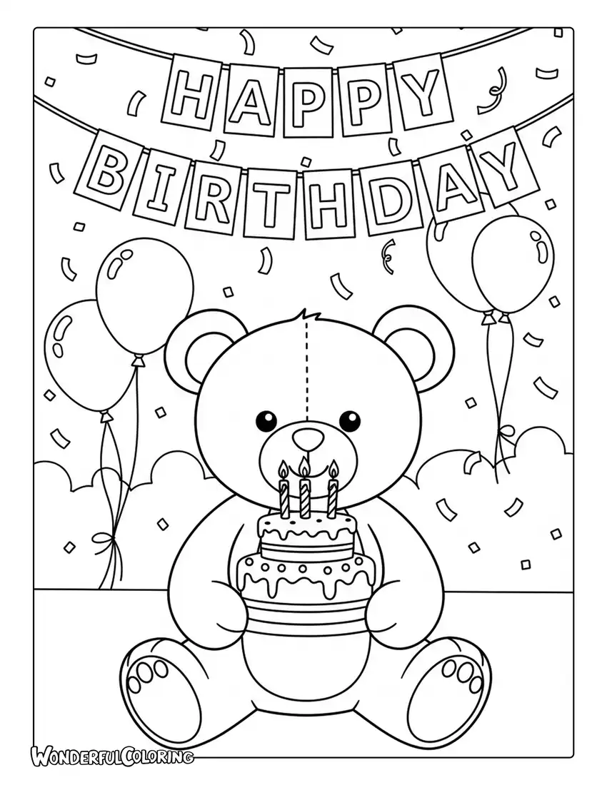 Teddy bear birthday cake party decorations coloring page