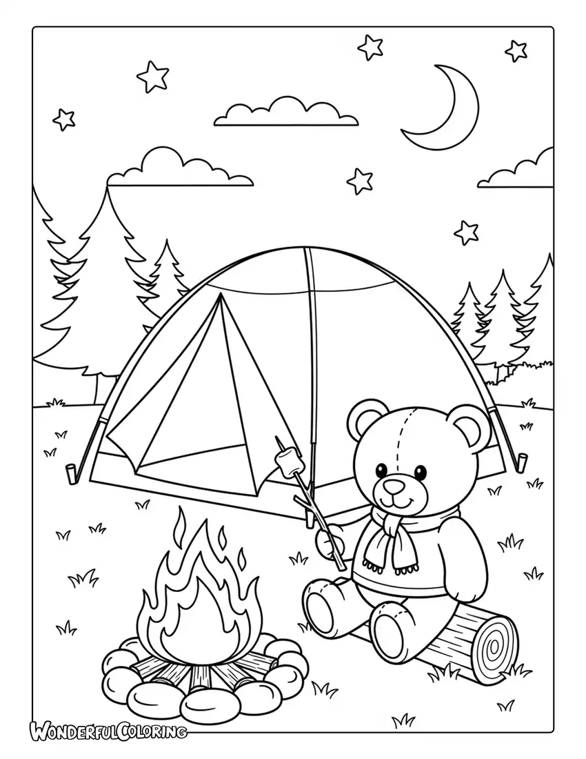 Teddy bear camping with tent and campfire coloring page