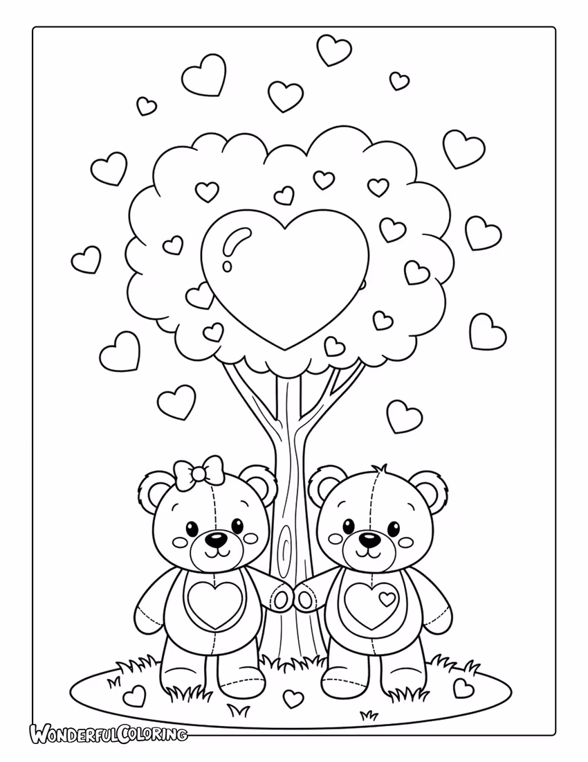 Teddy bear couple holding hands under a heart-shaped tree Valentine coloring page