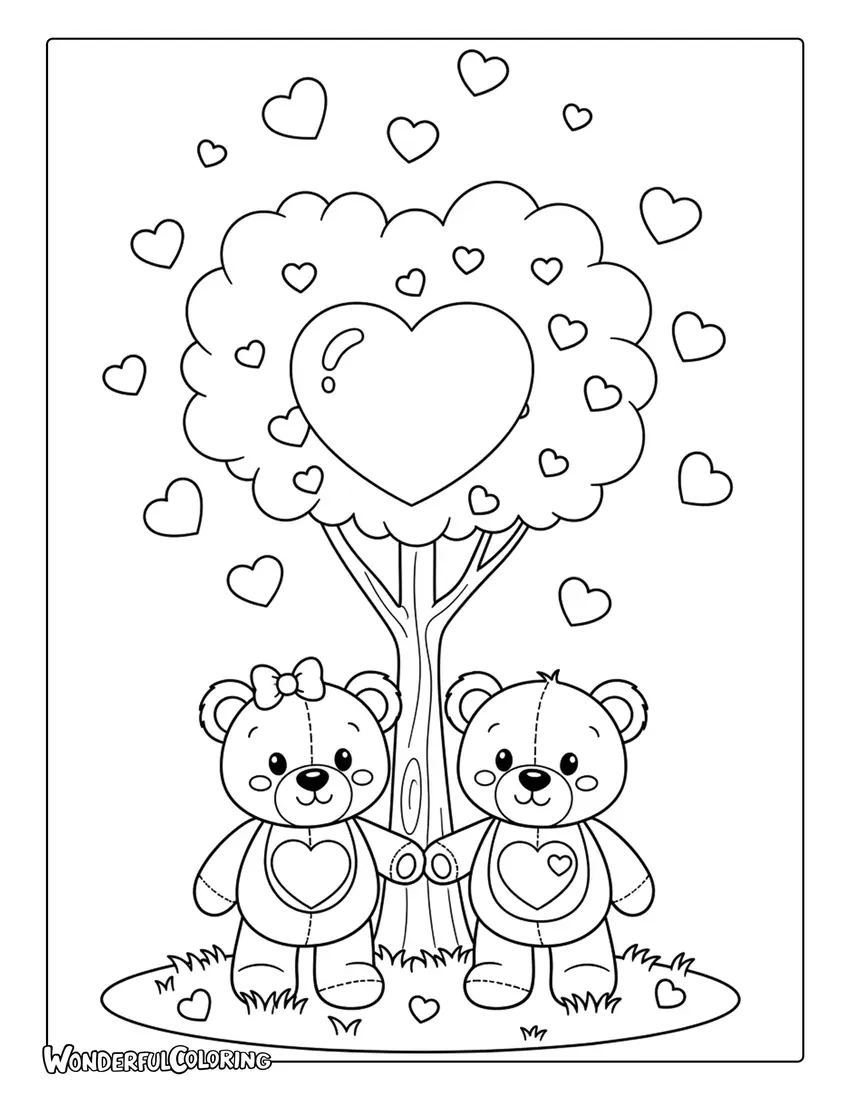 Teddy bear couple holding hands under a heart-shaped tree Valentine coloring page