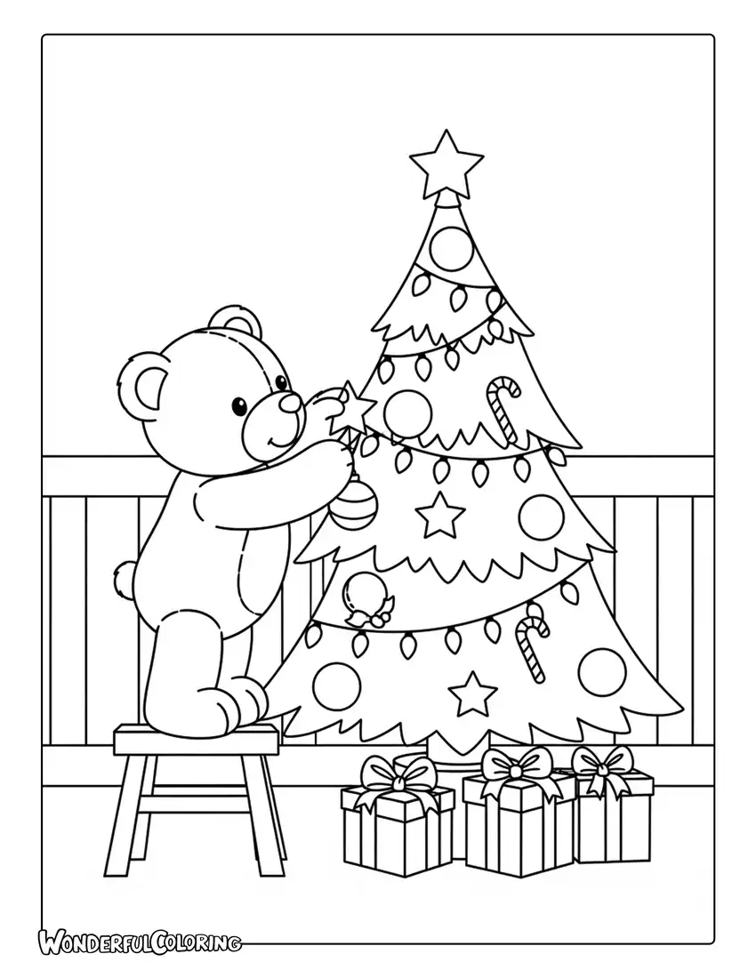 Teddy bear decorating christmas tree coloring page