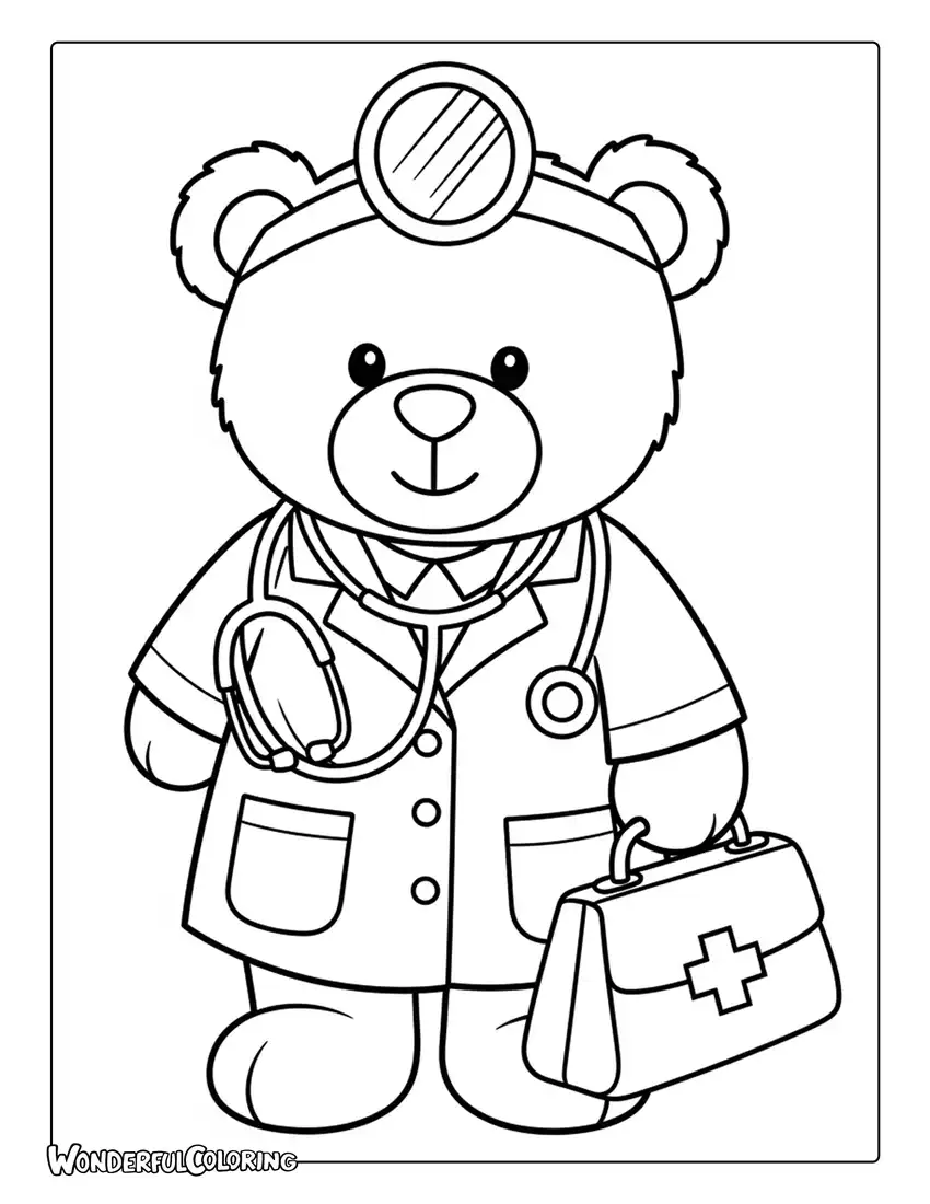 Teddy bear doctor with stethoscope medical bag coloring page