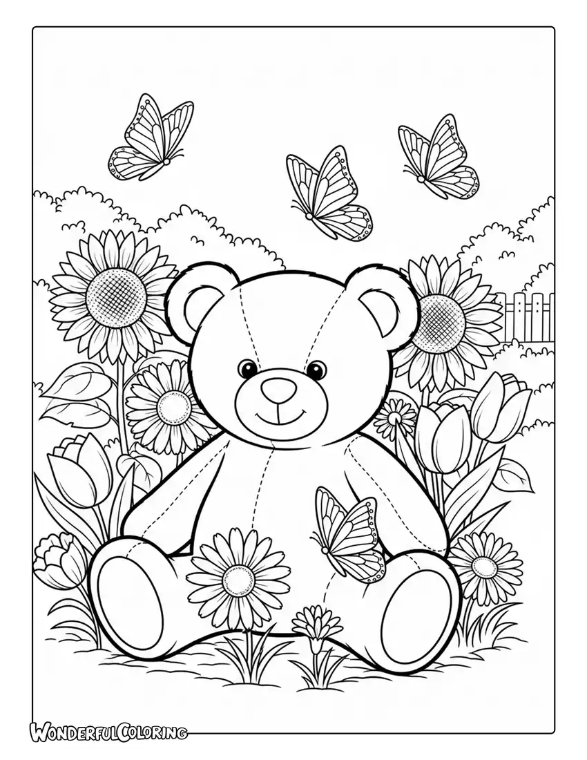 Teddy bear in flower garden with butterflies coloring page