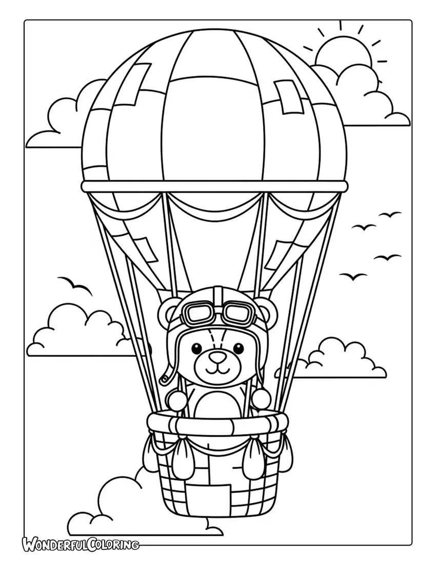 Teddy bear in hot air balloon sky coloring page