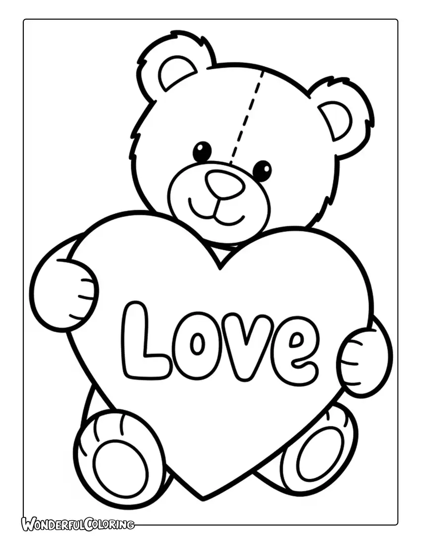 Teddy bear hugging heart love theme coloring page