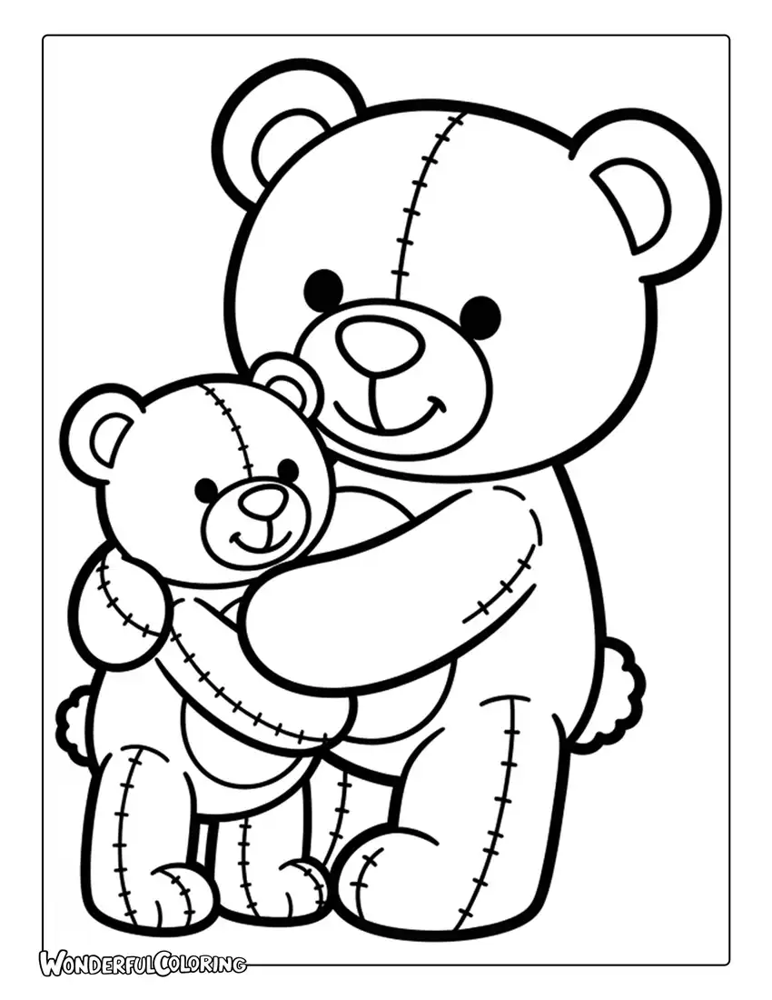 Teddy bear hugging smaller teddy family coloring page