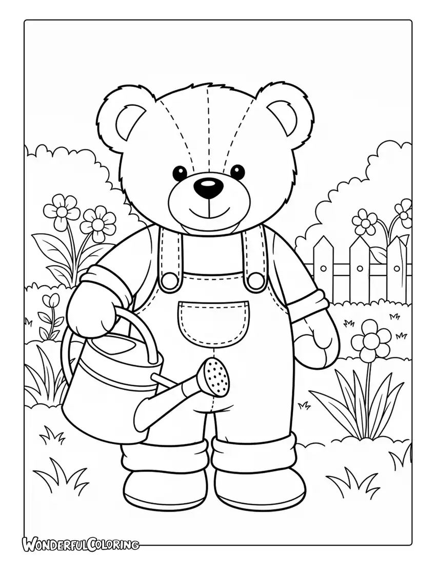 Teddy bear wearing overalls watering garden coloring page