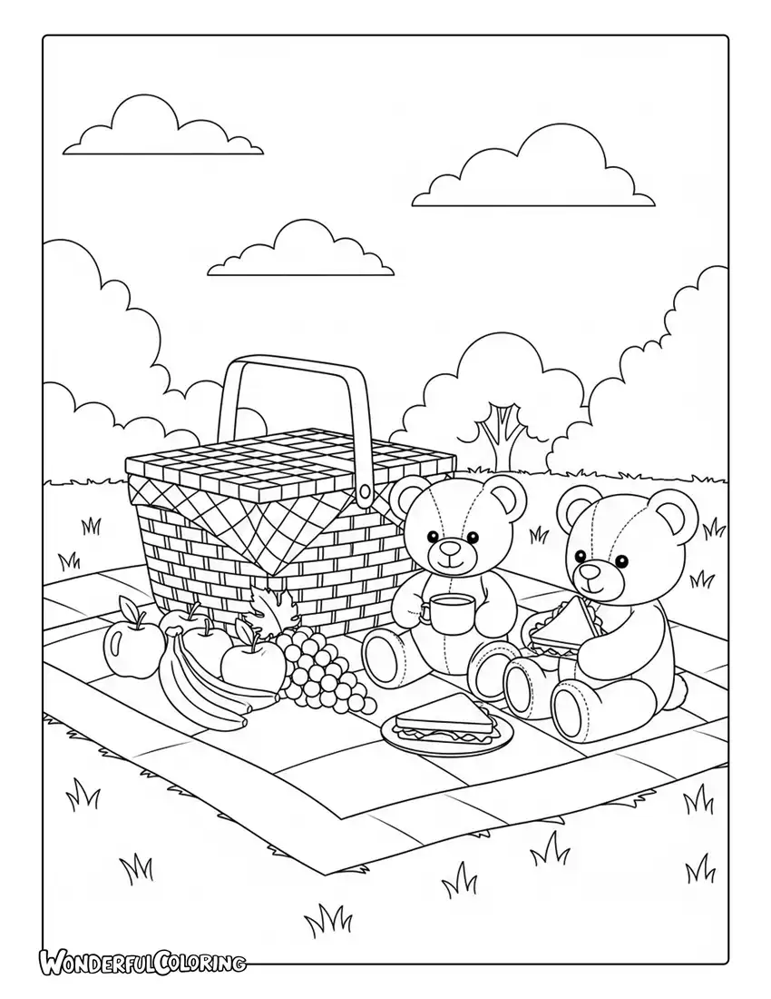 Teddy Bear Picnic Basket Fruits Blanket Coloring Page