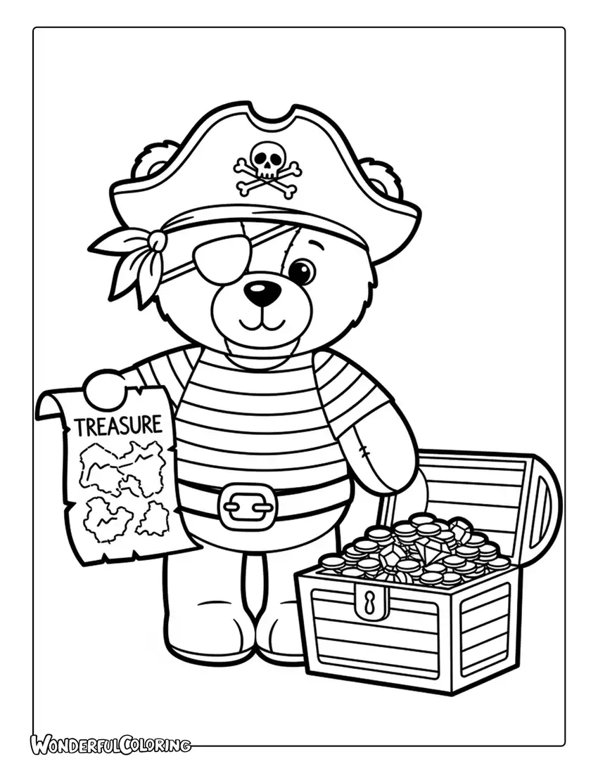 Teddy bear pirate with hat and treasure chest coloring page