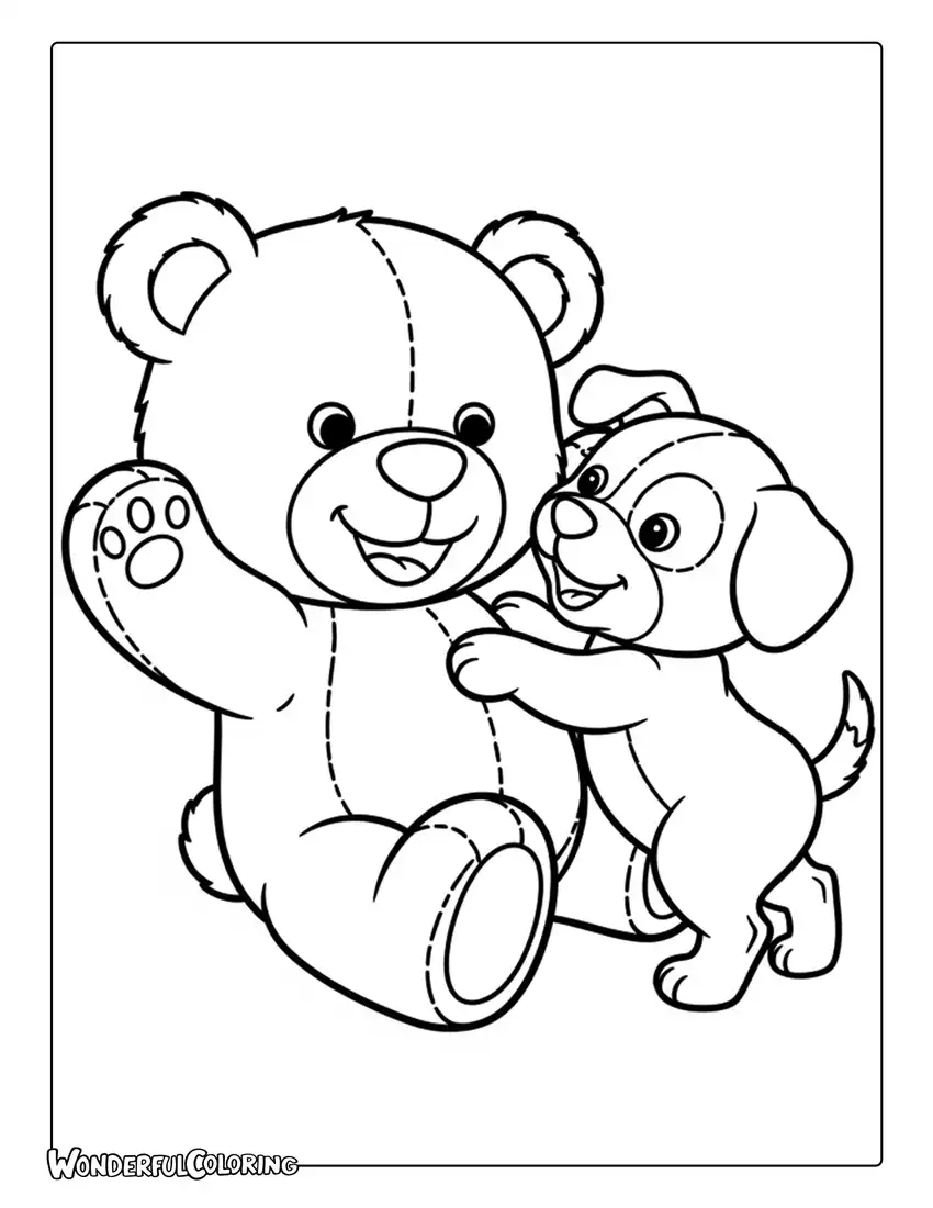 Teddy bear playing with puppy cute coloring page