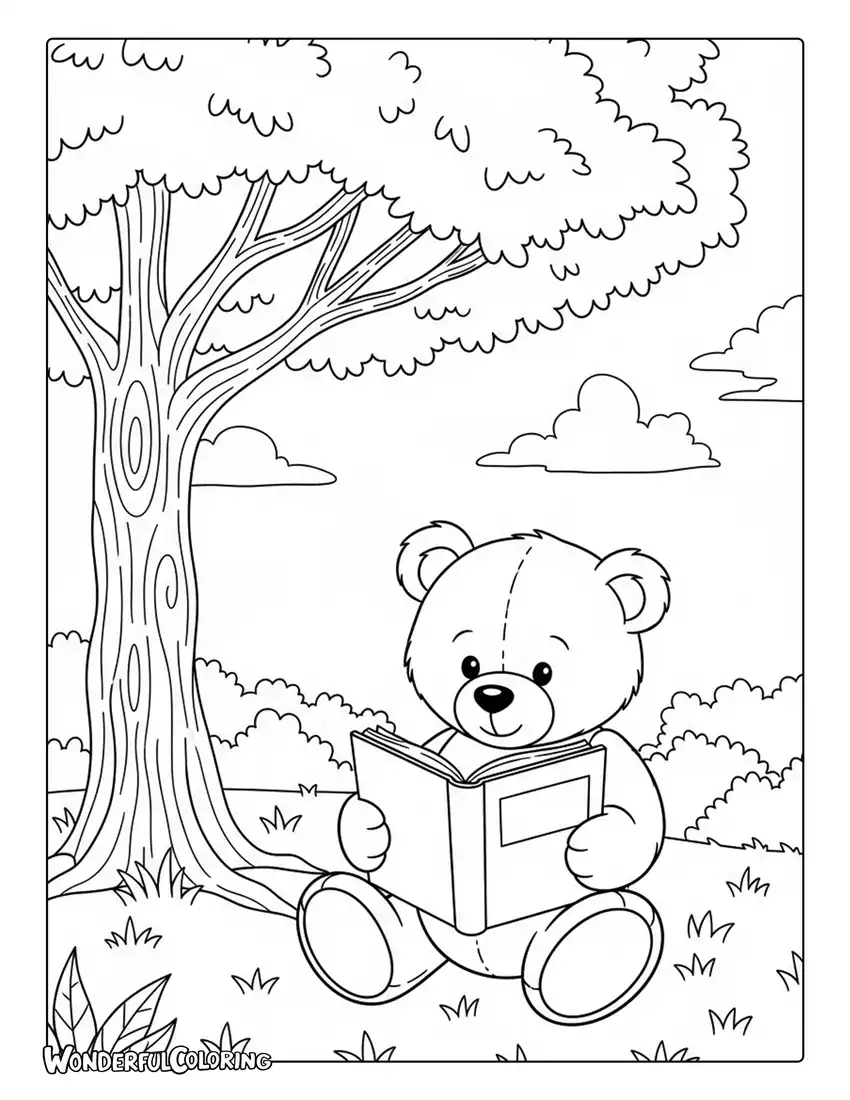 Teddy bear reading book under tree coloring page